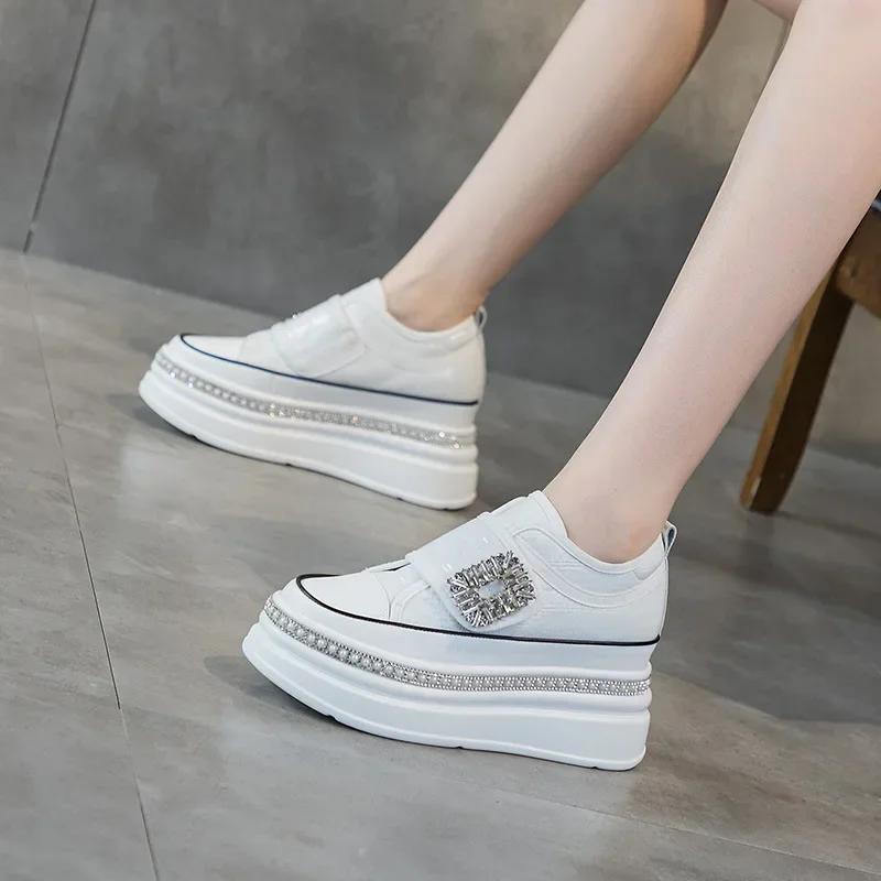 Fashion 8cm Crystal High Top Women Genuine Leather Platform Boots Wedge Hidden Heel Hook Spring Autumn Bling Shoes Sneakers Ankle Boots