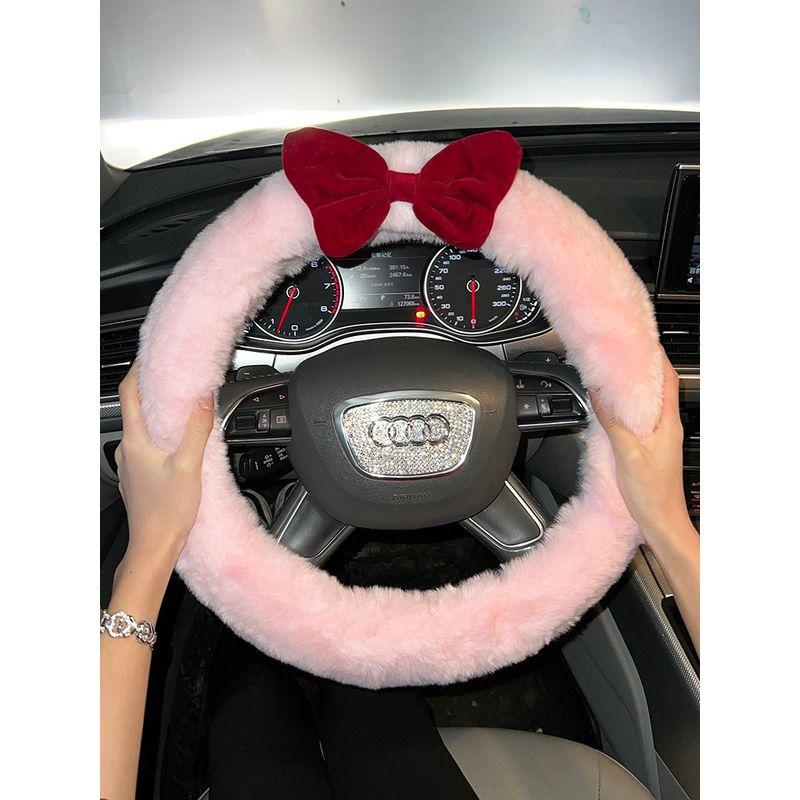Car Steering Wheel Cover Winter Warm Plush Korean Cute Red Bow Non-Shedding Universal Handlebar Cover for Women