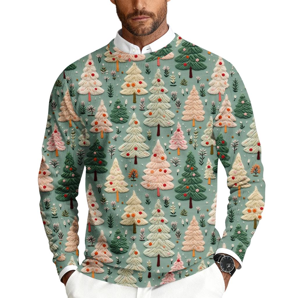 Men's Christmas Printed Crewneck Long Sleeve Ribbed Knit Pullover Sweater | Relaxed Fit Casual Business Knitwear For Holiday Parties & Daily Wear