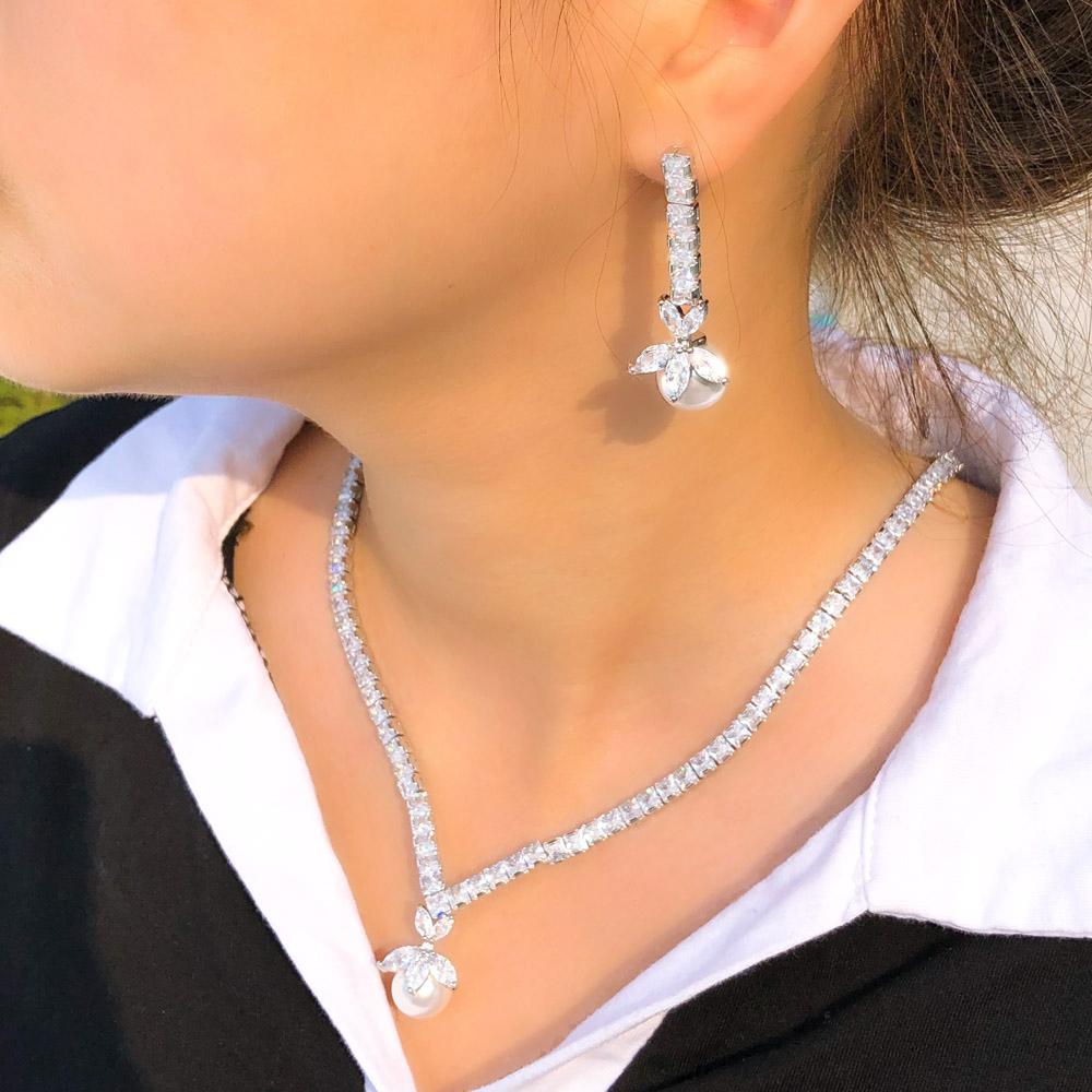 CMM Elegant Dangle Drop White Cubic Zirconia Women Party Necklace Earrings Artificial Pearl Jewelry Set
