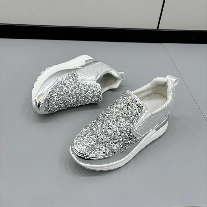 Fashion 2024 Spring and Autumn Women's Loafers Silver Sneakers Rhinestone Platform Shoes Inner Heightening Sneakers Zapatos De Mujer