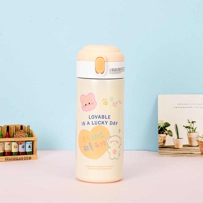 380ml Cute Cartoon Animal 304 Stainless Steel Water Bottle, One Click Pop Up Straw Insulated Thermos for Kids Girls Students