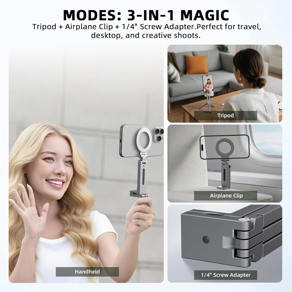 Foldable Magnetic Phone Tripod Holder, 360° Rotating Portable Stand For iPhone Samsung Travel Video Shooting Desk Plane /Train