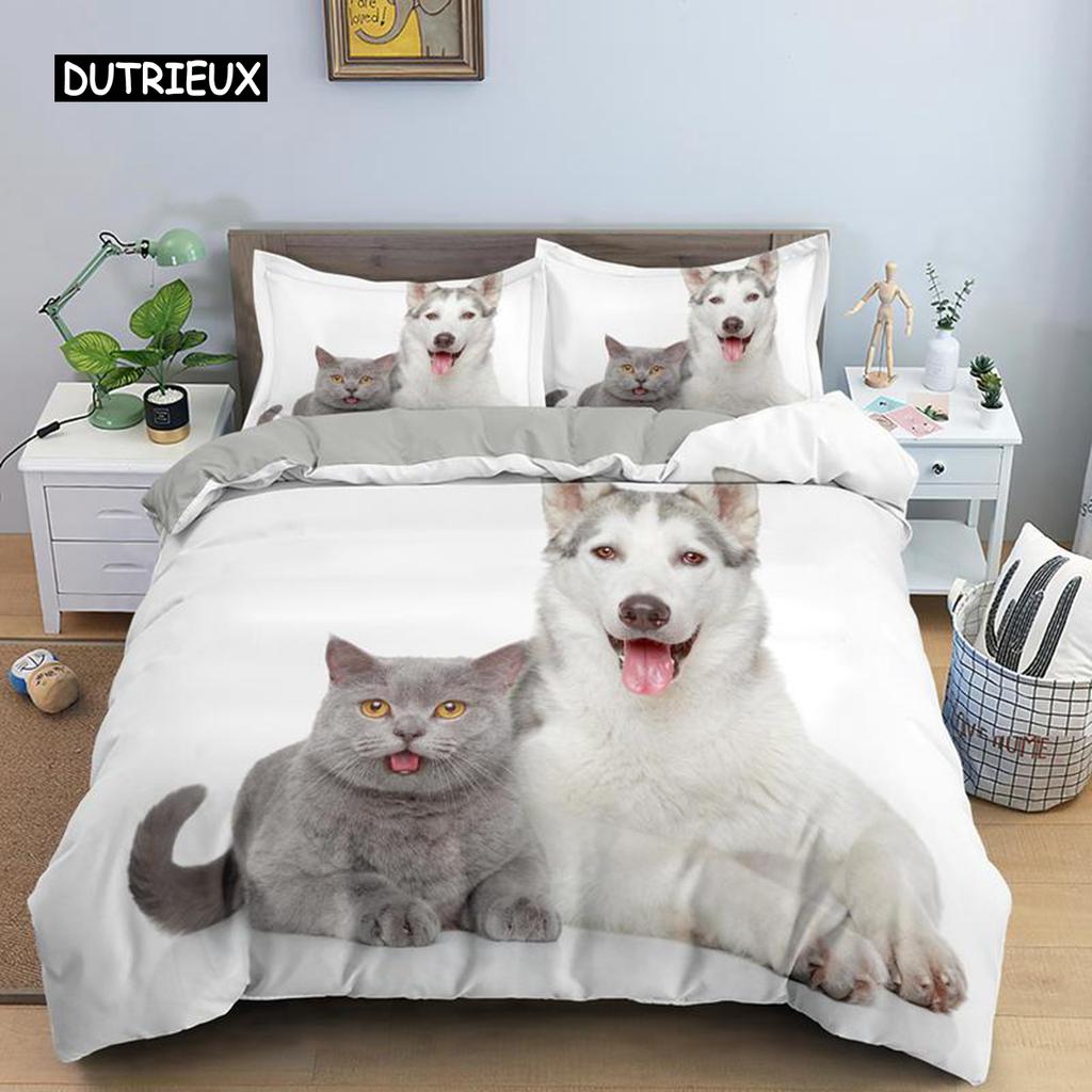 Dog and Cat Bedspread Cover Kit Queen Size Size Animal Theme Twin Size Sleep Bedding Kit for Kids Boys Girls Cozy Microfiber Fabric 3D Design Puppy