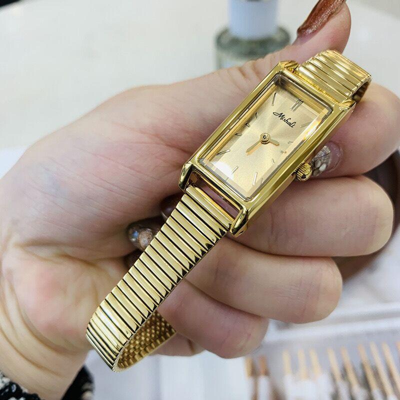 Women'S Watch Bamboo Strap Trend Watch Gold Ladies Watch Small Disc Gold Watch Square Watch