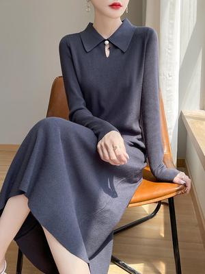 Elegant Wool Polo Collar Dress - Long Knit Knee-Length Skirt for Autumn/Winter, French Chic Base Layer.