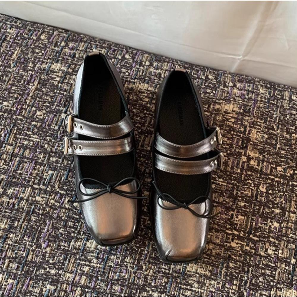 Flats for Women s Summer Bow Square Toe Straight Buckle Mary Jane Leather Shoes Womens Flat Bottom Shallow Mouth Pumps for Women 40 серебряный 4940₽