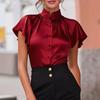 Womens Satin Stand Collar Ruffle Short Sleeve Blouse