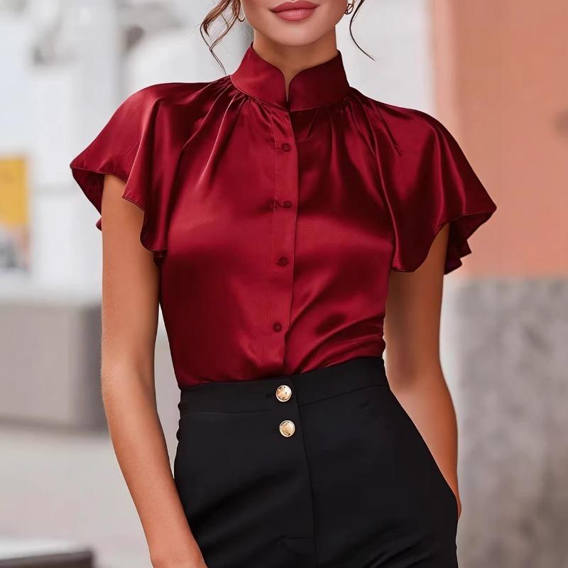 Womens Satin Stand Collar Ruffle Short Sleeve Blouse