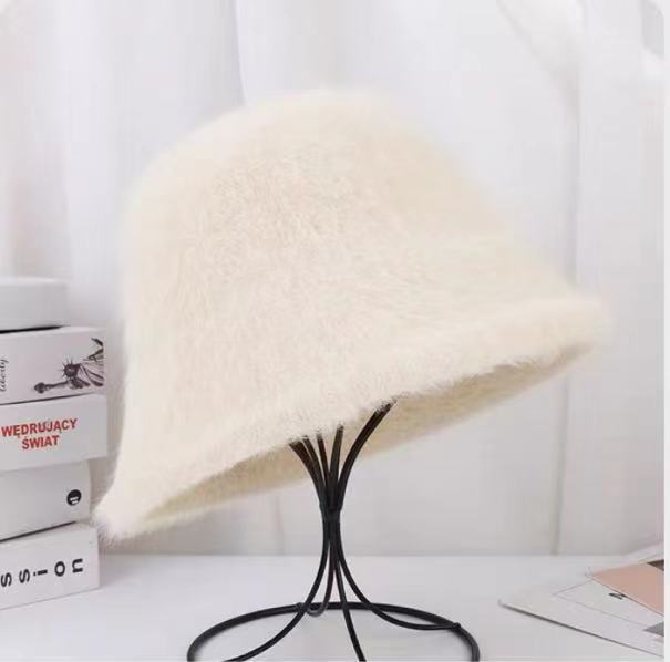 Women's hat for autumn and winter new warm bucket hat, versatile bare-faced face-covering true rabbit fur basin hat, cold-resistant plush bucket hat