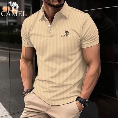 Men's Summer Sports Fitness Leisure Embroidered Polo Shirt Elastic Vertical Stripe Short Sleeved Polo Shirt