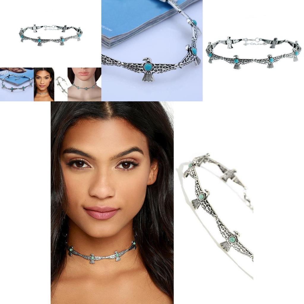 Vintage Art Deco Alloy Choker With Bird Design Artificial Turquoise Decor For Ladies Gift