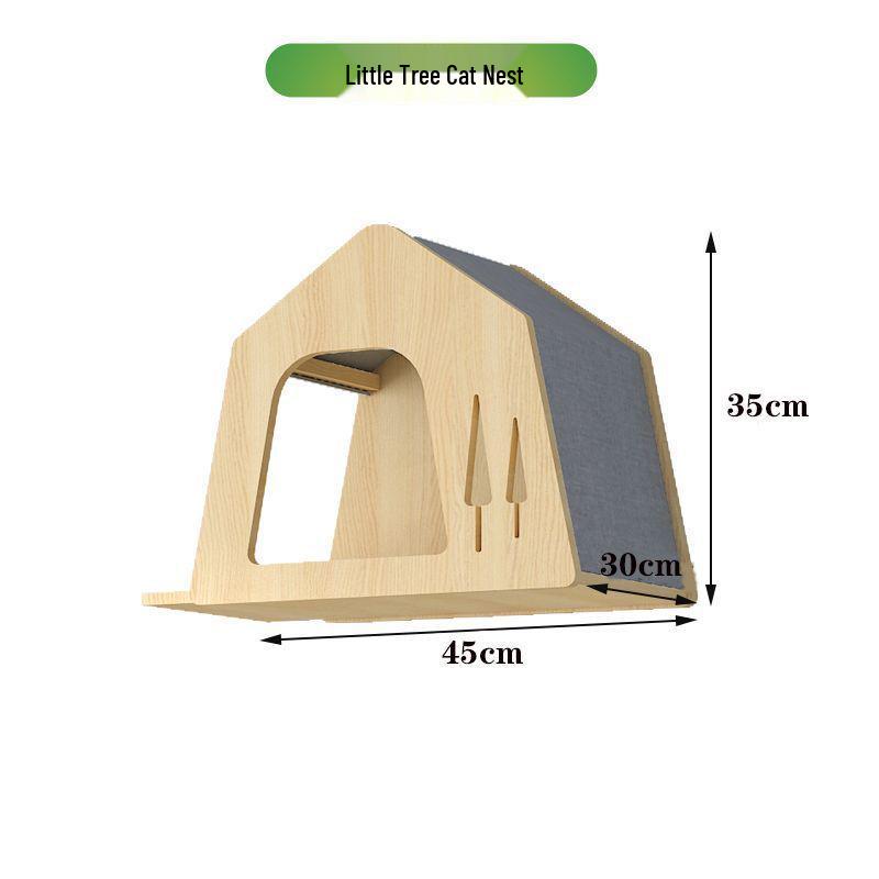 Wall-Mounted Solid Wood Cat Climbing Frame with Bed, Jumping Platform, and Scratching Post