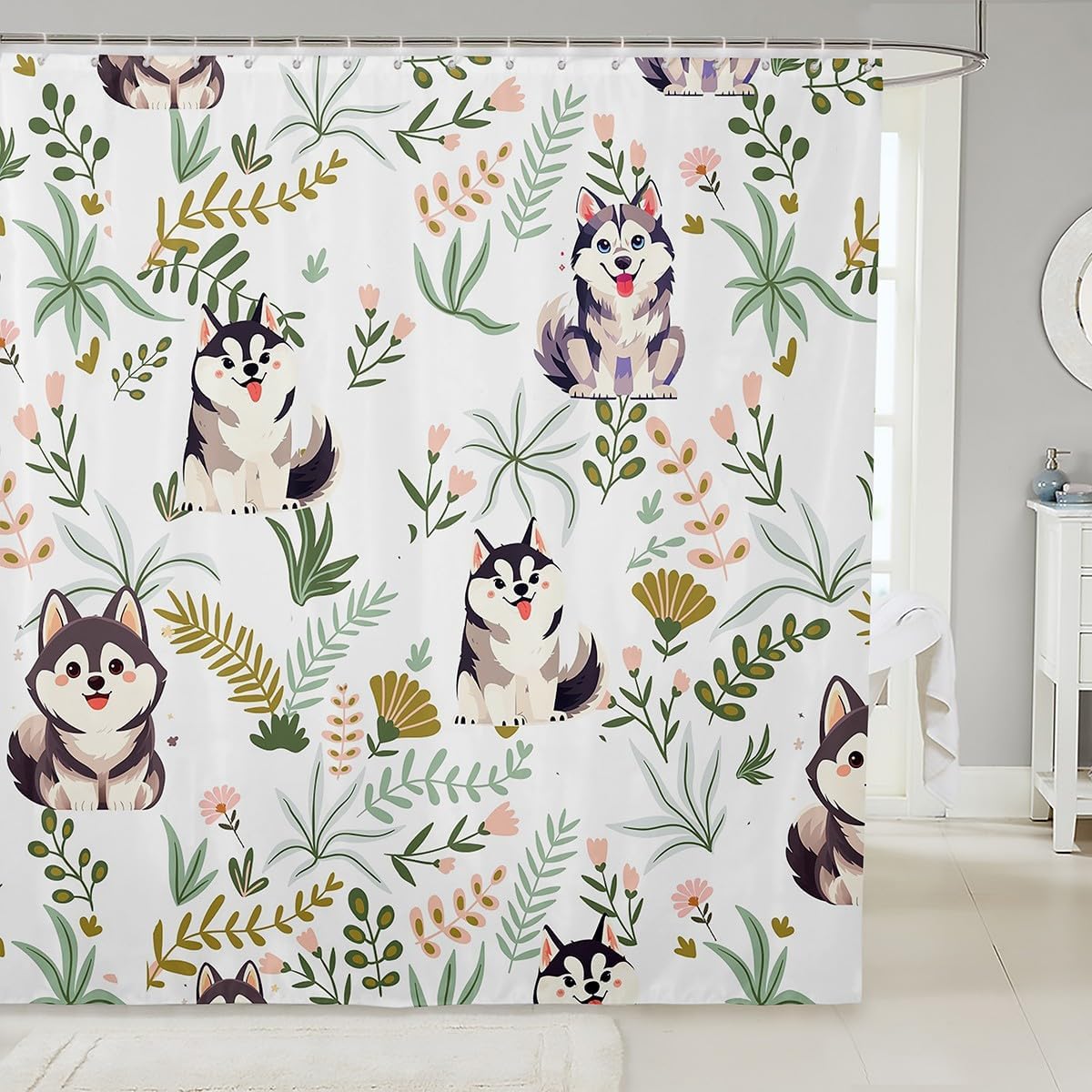 

Cartoon Husky Shower Curtains,Cute Dog Animal Kawaii Family Puppy Pet Bath Curtain,Boho Floral Leaves White Waterproof Fabric W60H190(CM)-1 Pcs