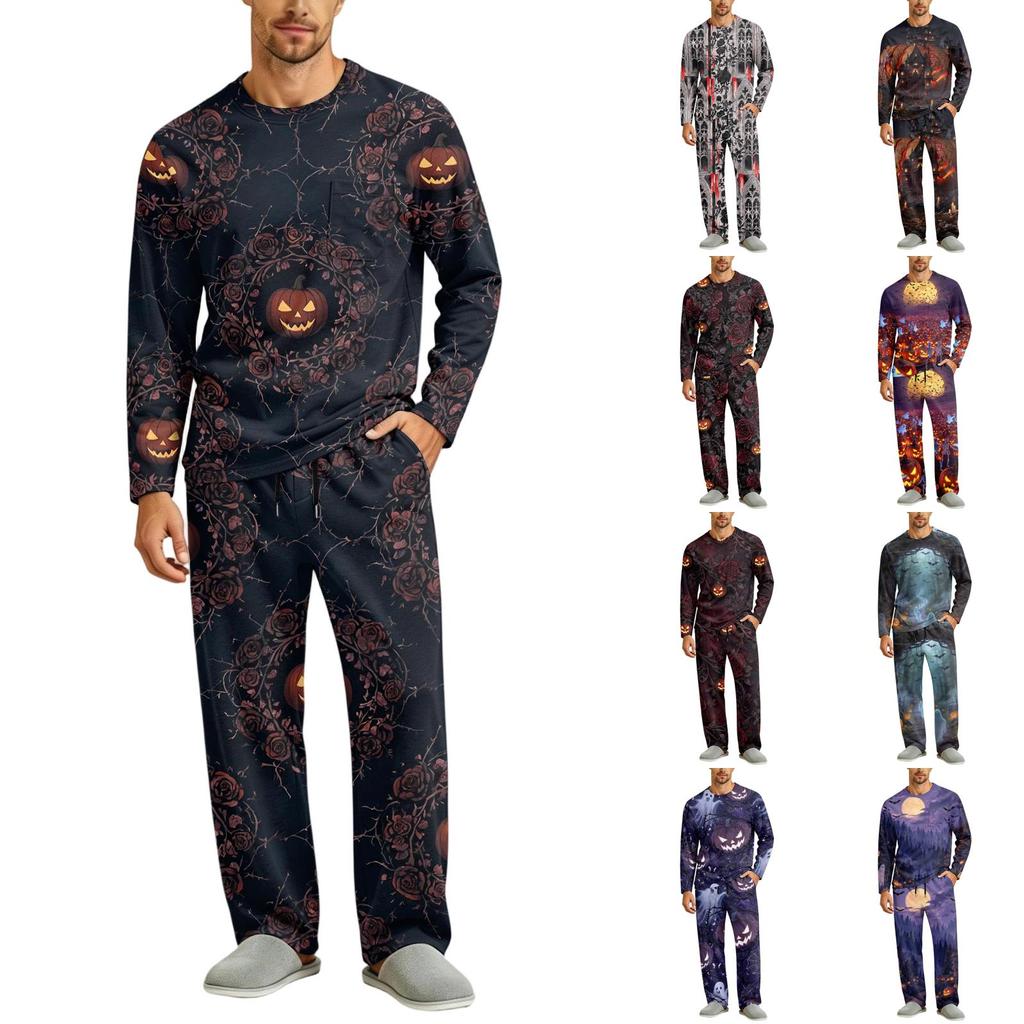Men's Halloween Pajama Set Long Sleeve Long Pants with Crotch Buttons and Elastic Drawstring Waist