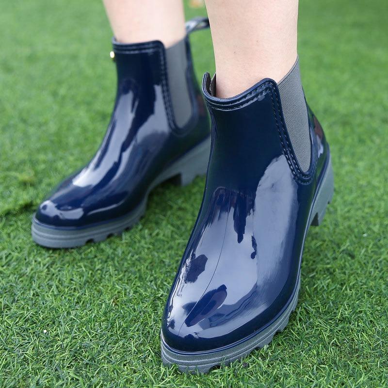 Water shoes fashionable elastic middle heel short tube glossy thickened warm liner wear-resistant non-slip rain shoes