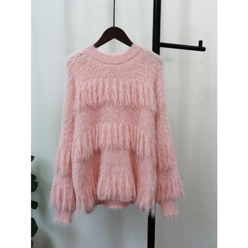 

Мягкий ворсистый трикотажный свитер из искусственной норки, женский осенне-зимний, новый дизайн с кисточками, свободный пуловер one size fits all розовый
