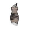 Sexy slanted shoulder mesh stitching hip skirt women with chest pad pure desire Spice girl slim waist and thin pleated dress