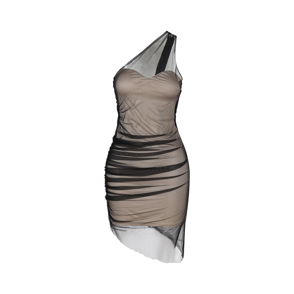 Sexy slanted shoulder mesh stitching hip skirt women with chest pad pure desire Spice girl slim waist and thin pleated dress