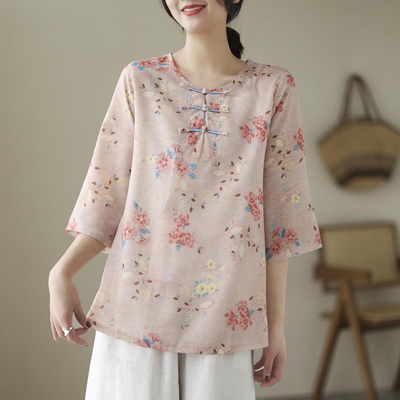 Retro Chinese Modified Button Cotton and Linen Printed Shirt Women's Spring and Summer Loose and Thin Seven-quarter Sleeve Top Women