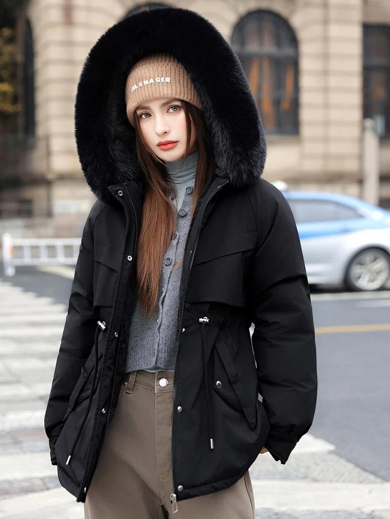 Parker Winter Damen Baumwollmantel Mittellang Großer Wollkragen Fleecegefüttert Baumwollwattiert Jacke Dicke Jacke