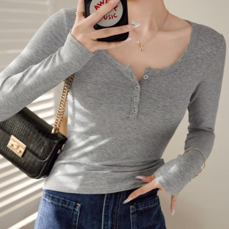 Navava Women Slim FiT Solid Rib BUTTon U Neck Long Sleeve T shirT nT3207