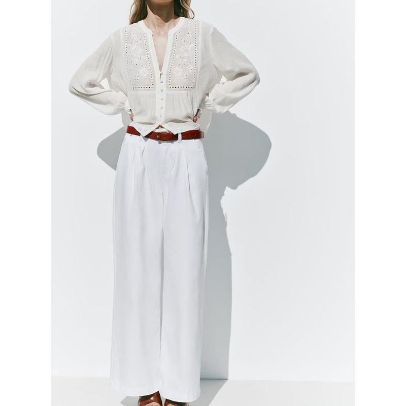 Casual Versatile Long Sleeves Single Breasted Cut Out Embroider Short Shirt 8741022