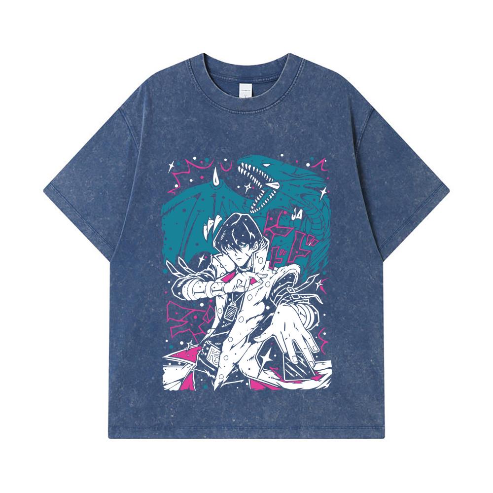275 GSM Washed T-shirts 100% Cotton Yu-Gi-Oh V7 Seto Kaiba Print Unisex Heavy Cotton T Shirt