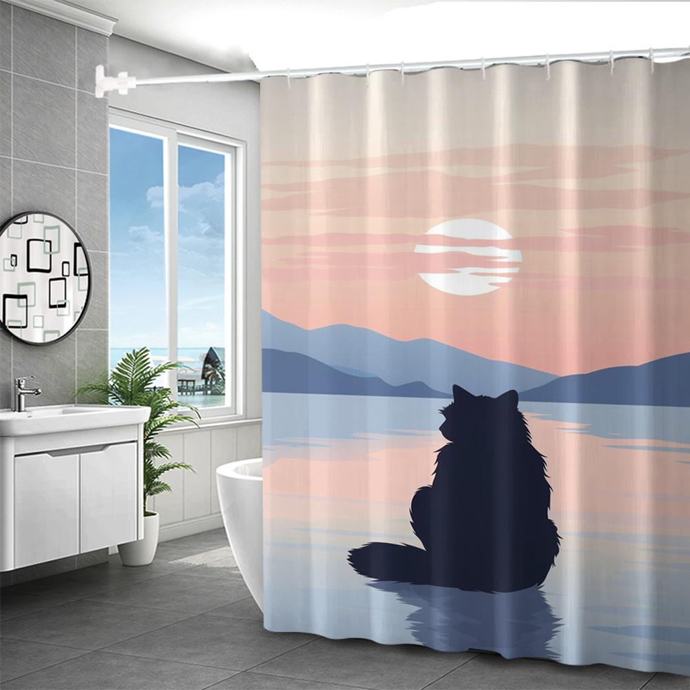 

Water-Resistant Lakeside Cat Shower Curtain - Digital Print, Washable, Animal Cartoon Design, All-Season Bathroom Accessory W90XH180cm