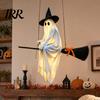 Playful Ghost Face Decoration Halloween Hanging Outdoor Decoration, Spooky LED Light Up Witch with Orange Bow Accents on Broom for Home, Tree, Porch,
