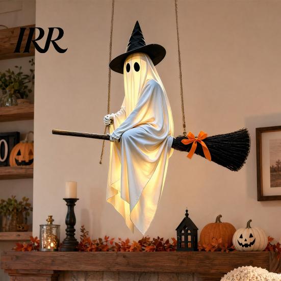 Playful Ghost Face Decoration Halloween Hanging Outdoor Decoration, Spooky LED Light Up Witch with Orange Bow Accents on Broom for Home, Tree, Porch,