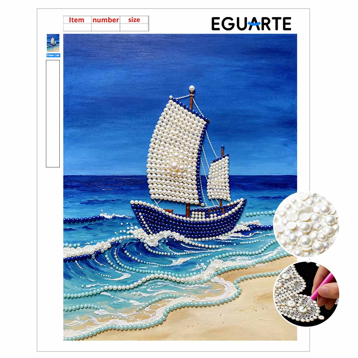 Frameless Pearl Painting DIY Kit Sailboat on Ocean Waves 3D Sparkling Bead Canvas Relaxing Creative Craft for Art Lovers 30x40cm