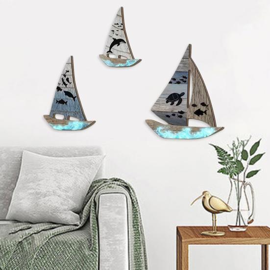 3 Stück Maritime Segelboot Wandkunst, Rustikale Ozean Küsten Holz Segelboot Wandskulptur, Vintage Seehaus Hängende Strand Dekoration für Wohnzimmer, Schlafzimmer