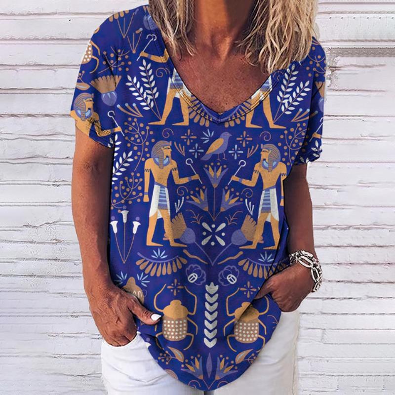 Summer T Shirt For Women 3d Fashion Geometric Print V Neck Short Sleeve Basic Tops Streetwear Casual Oversized Female Clothing