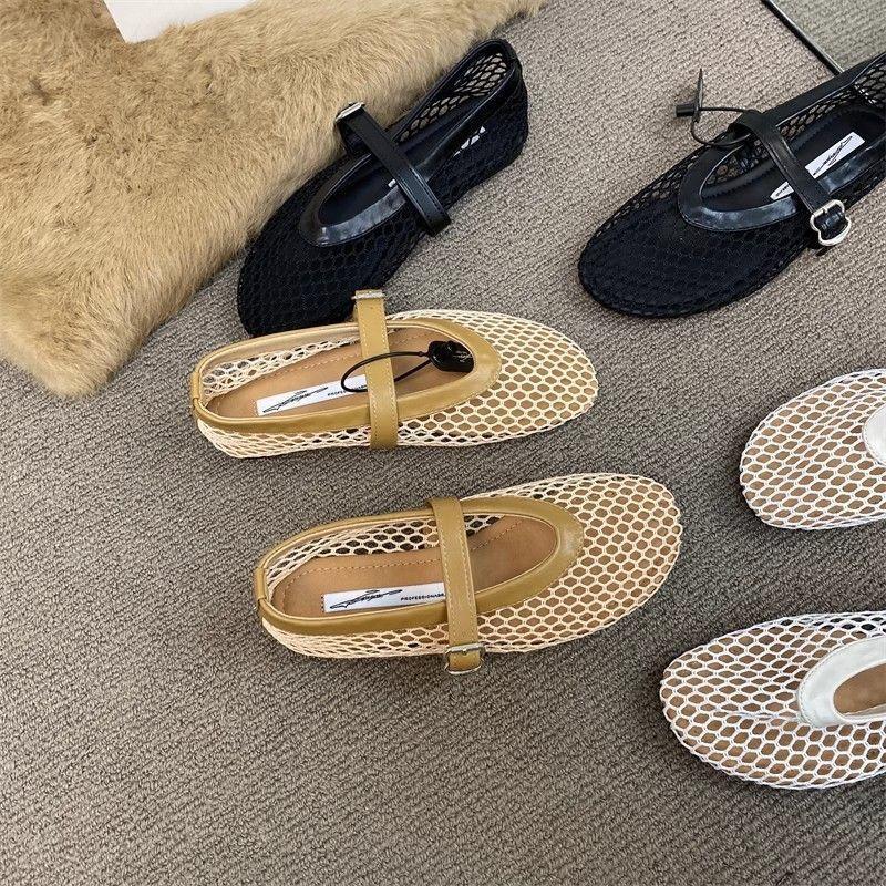 Round Head One-word Buckle with Mary Jane Single Shoes Ballet Shoes Mesh Flat Bottom Hollow Fishing Net Shoes Sandals