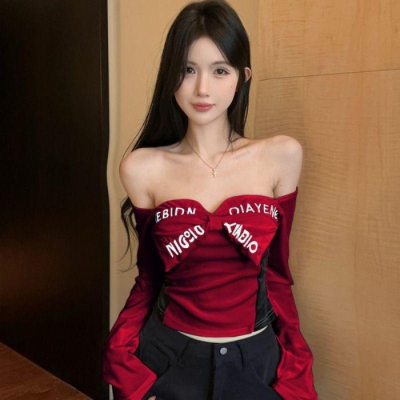 Американский Пикантный Девушка Вышитый Приталенный Одноплечий Топ - Осенне-Зимний Стиль L вино красного