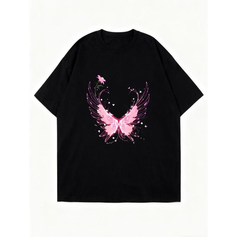 Oversized T Shirt Dress Black Pink Butterfly With Stars And Hearts Print Casual Wear For Women