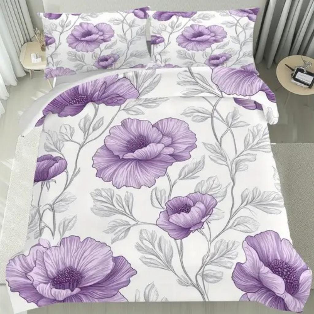 Luksusowa poszewka na kołdrę z fioletowym wzorem kwiatowym, rozmiar Queen King, drukowana cyfrowo 3D, pościel, miękka i wygodna, zestaw 3-częściowy
