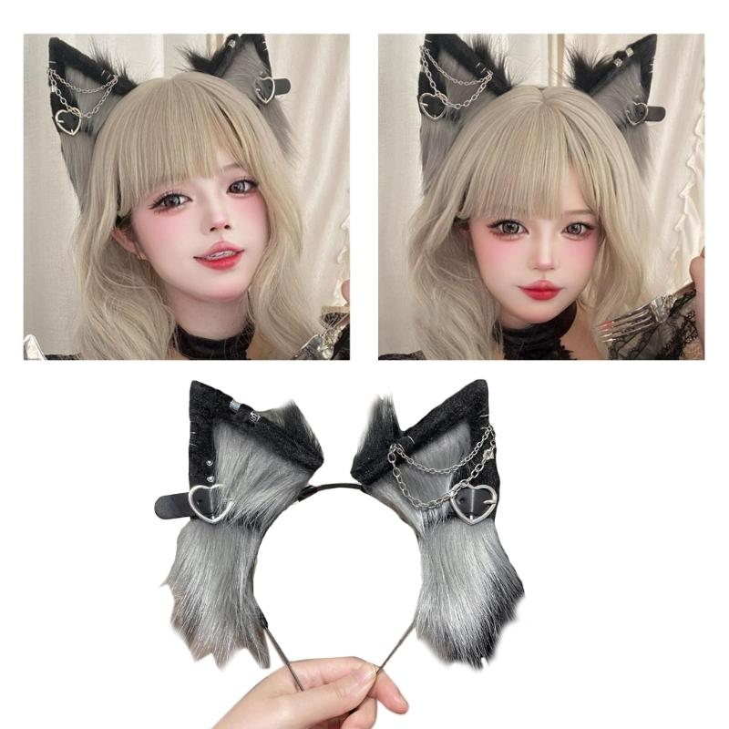 Anime Theme Gatherings Cat Ear Headband with Alloy Earring Movie Enthusiasts Plush Wolf Headband for Teenagers Adult