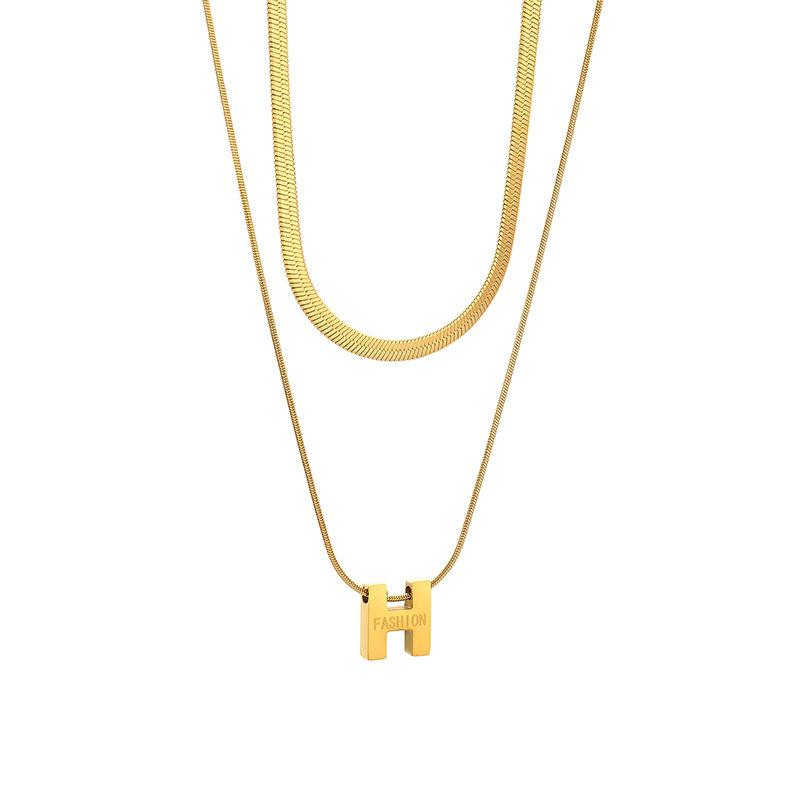 French Light Luxury H Necklace: Double Layer Titanium Steel Snake Bone Chain for Women