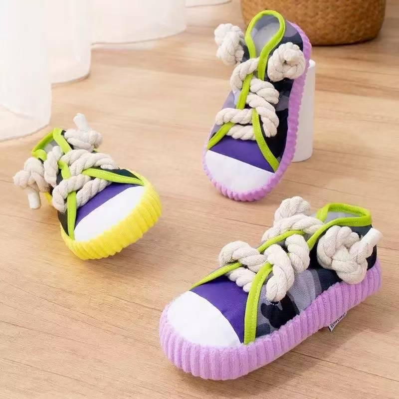 1Pcs Squeaky Bite Resistant Puppy Chew Toy Teeth Grinding Canvas Shoes Knot Cotton Rope Dog Molar Chew Toys Supplies