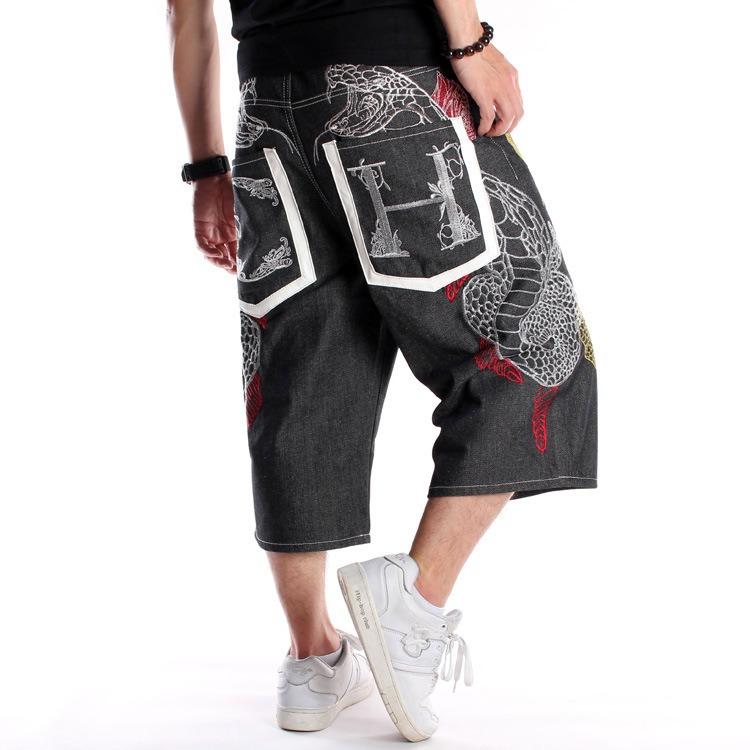 RogueWave Summer Plus Size Wide Leg Hip-Hop Black Jeans Shorts Male Skateboard Swag Baggy Men Denim Pants