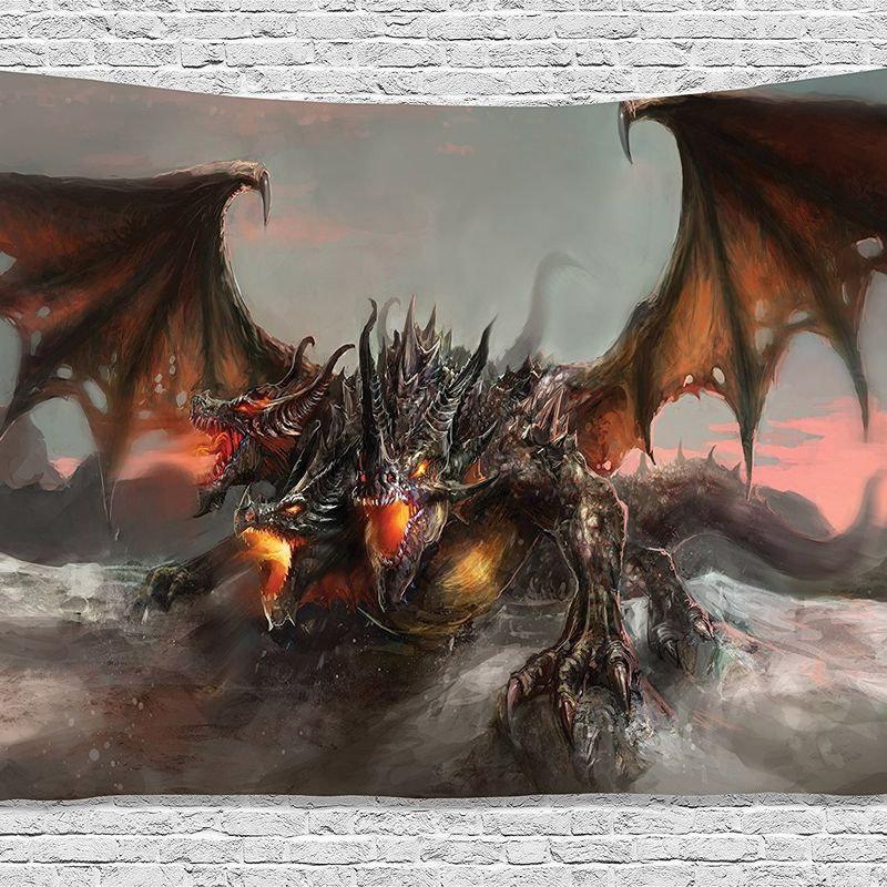 Black Dragon Tapestry Wall Hanging Fire Breathing Red Flames Gothic Castle Dark Fantasy Aesthetic Wall Art Decor