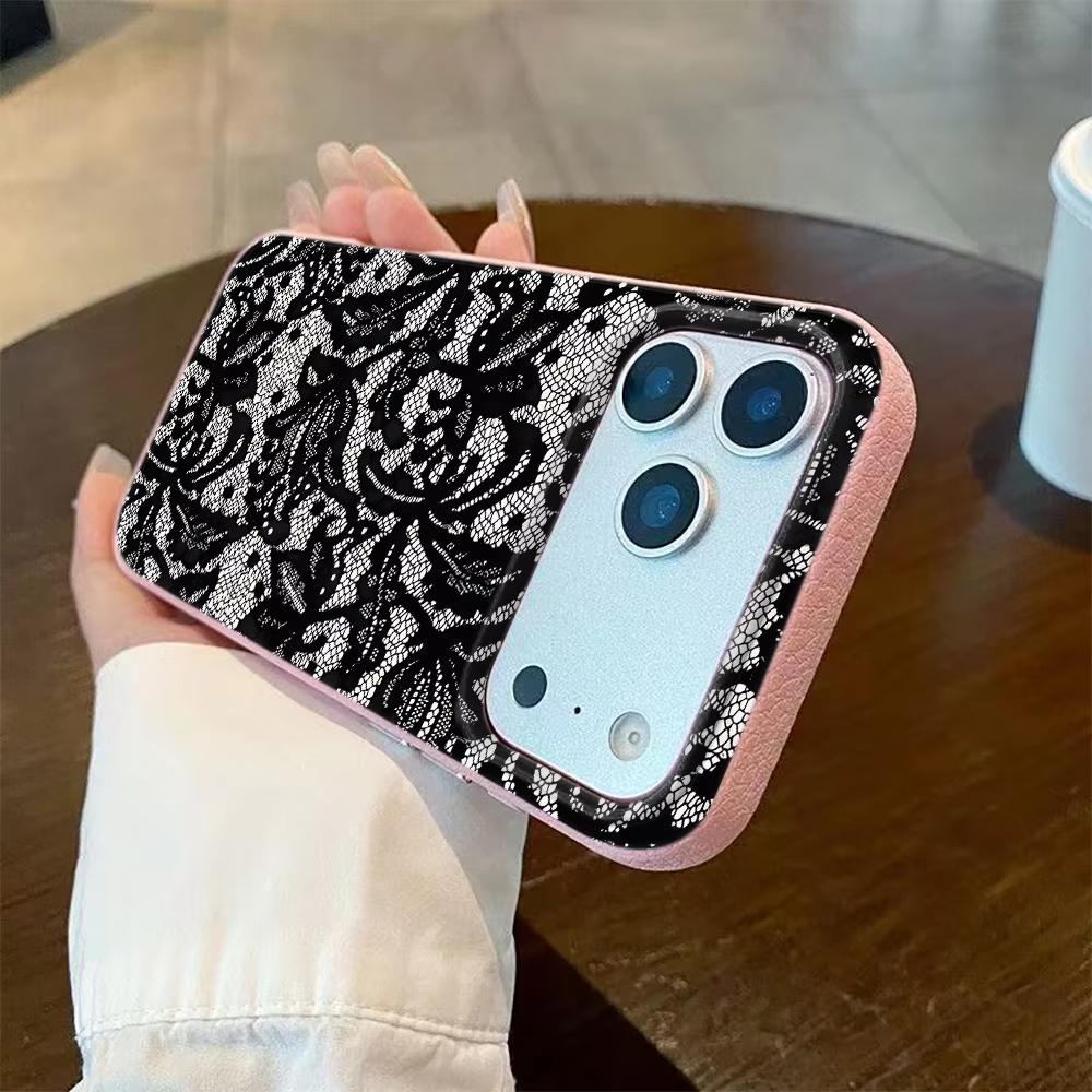 Black Lace Pattern Phone Case For iPhone 17 Pro Max 16 Plus 15 Pro 14 11 13 12 11 16E 17Air XR XS Lychee Textur Soft Cover