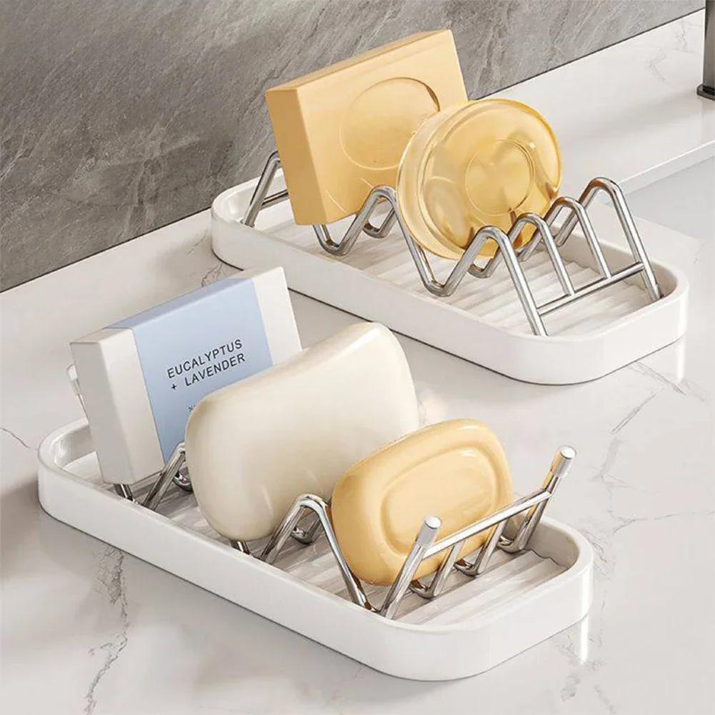 Bathroom Countertop Soap Holder Stainless Steel Soap & Kitchen Sponge Draining Storage Rack Easy To Clean Organizer