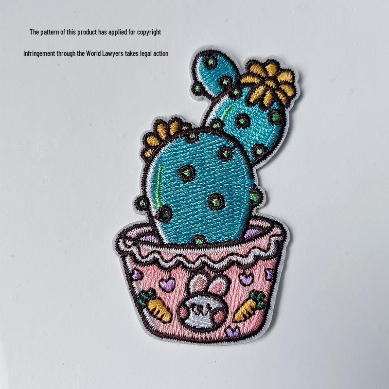 Cactus Cartoon Embroidery Patch: Self-Adhesive, Small Plant Design for Clothing Repair