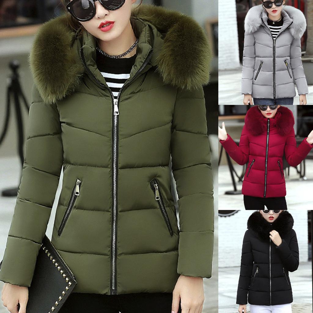 Módní Dámská zimní teplá bavlněná zimní bunda s kapucí, pevný kabát s dlouhým rukávem