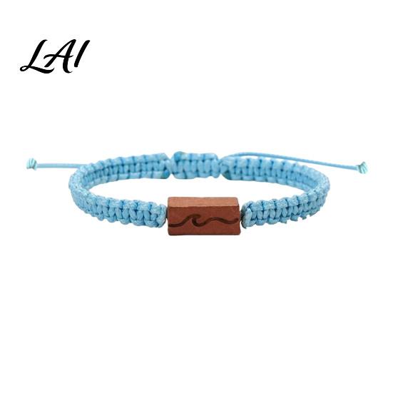 Simple Two Tone Woven Cord Adjustable Rope Bracelet with Wooden Charm Ocean Wave/Mountain for Durable Wear Resistant String Wristband Women