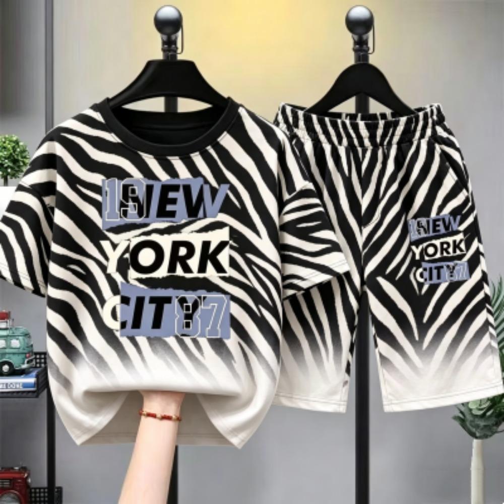 Personalized Stripes Letter Printed Kids T-shirt and Shorts 2 Piece Set Summer Casual Outfit for Boys and Girls Kids T-shirt Set