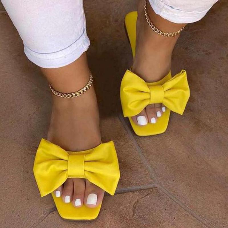 Fashion Women's Slippers Pink Leather Flat Slippers for Women Summer Square Toe Bow Sandals Woman Slides Outdoor Non-slip Beach Slippers